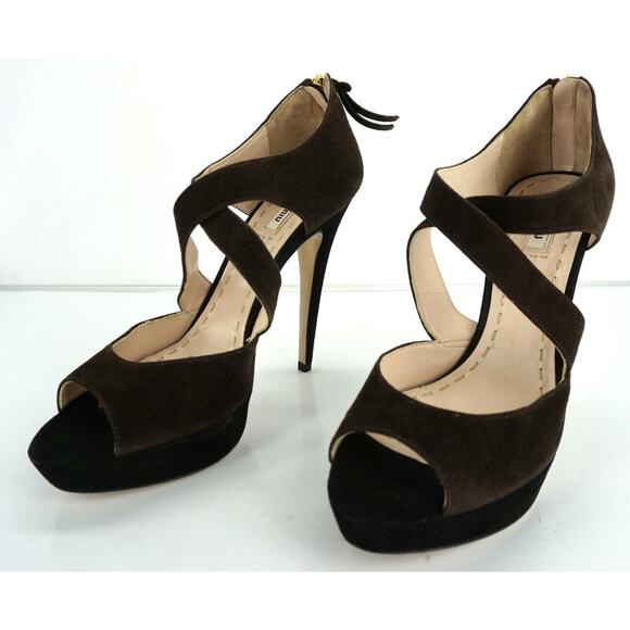 Miu Miu Two Tone Suede Strappy Caged Platform Heel Sandals - Picture 4 of 10